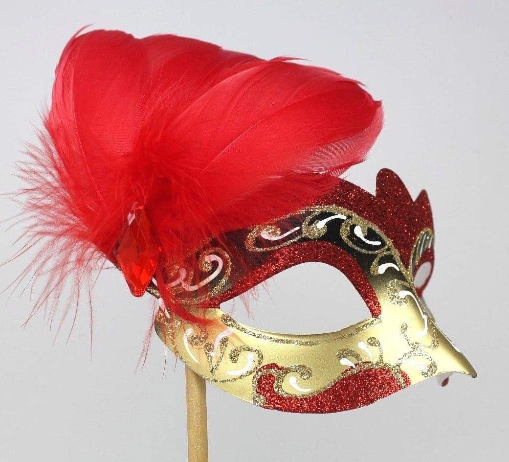 RED WHITE & GOLD FEATHER VENETIAN MASQUERADE PARTY BALL EYE MASK HAND HELD STICK