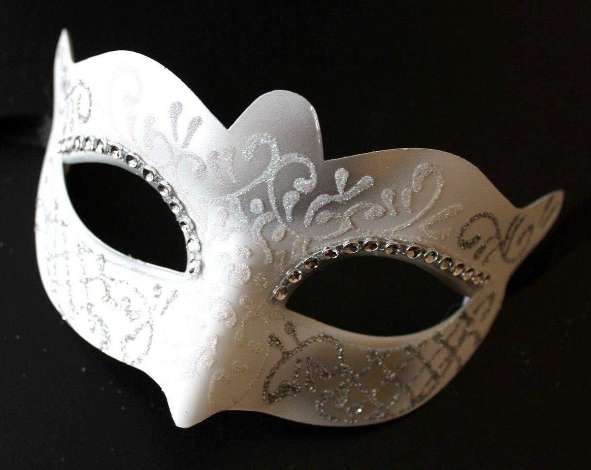 LADIES WHITE & SILVER VENETIAN MASQUERADE PARTY WEDDING BALL EYE MASK DIAMONTES