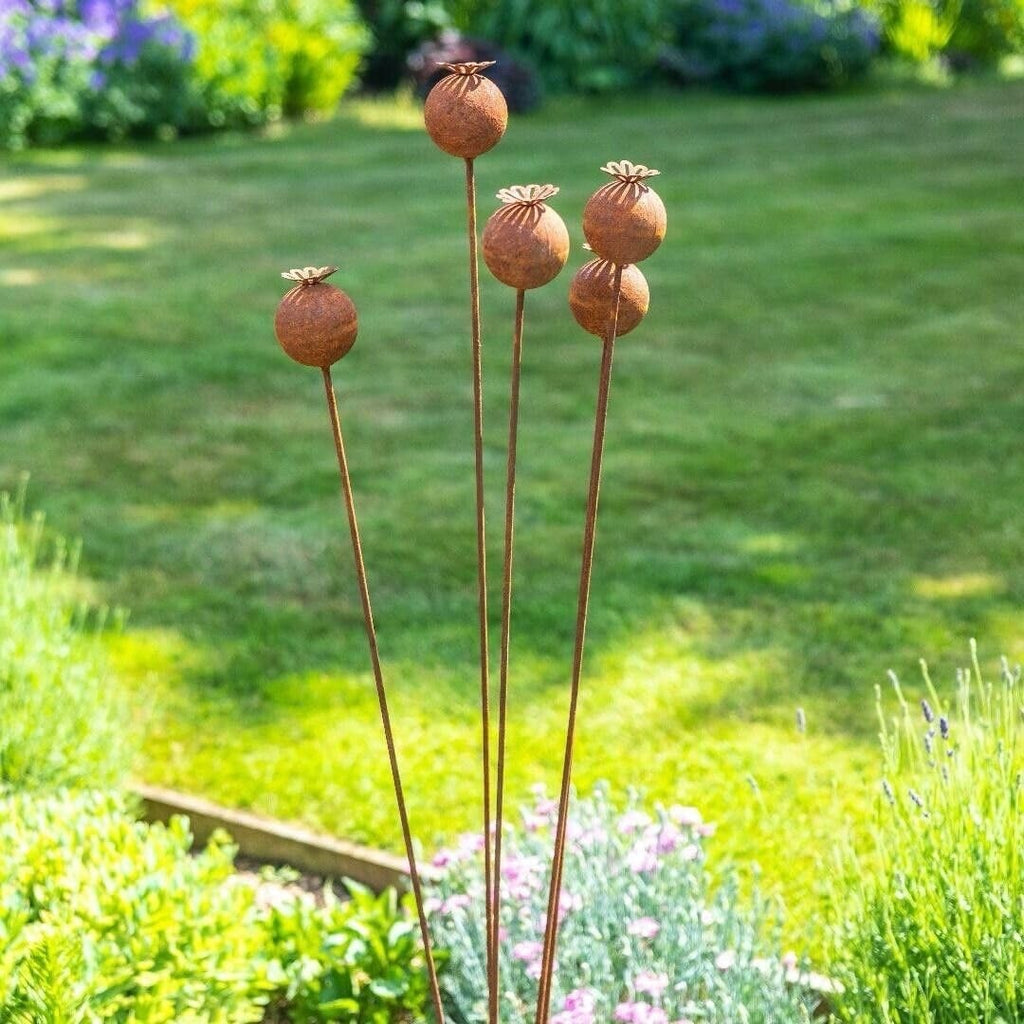 Core-Ten Rusty Metal 5 Poppy Heads on Long Stakes Garden Ornament 110cm High