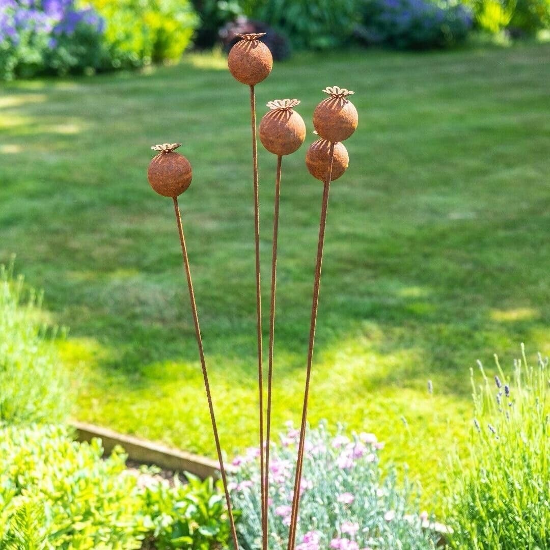 Core-Ten Rusty Metal 5 Poppy Heads on Long Stakes Garden Ornament 110cm High
