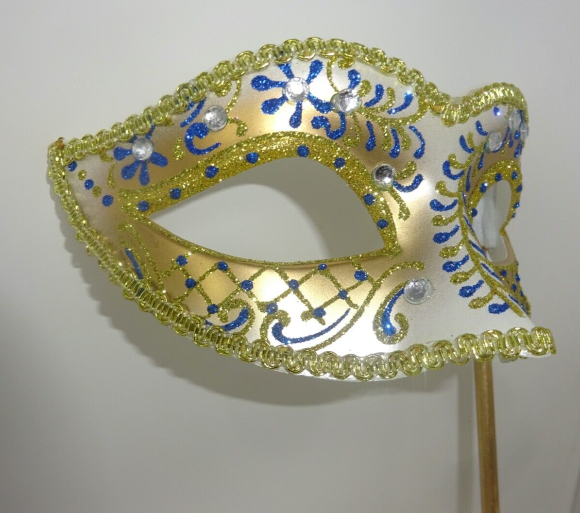 JEWELLED BLUE IVORY & GOLD VENETIAN MASQUERADE PARTY EYE MASK HAND HELD STICK