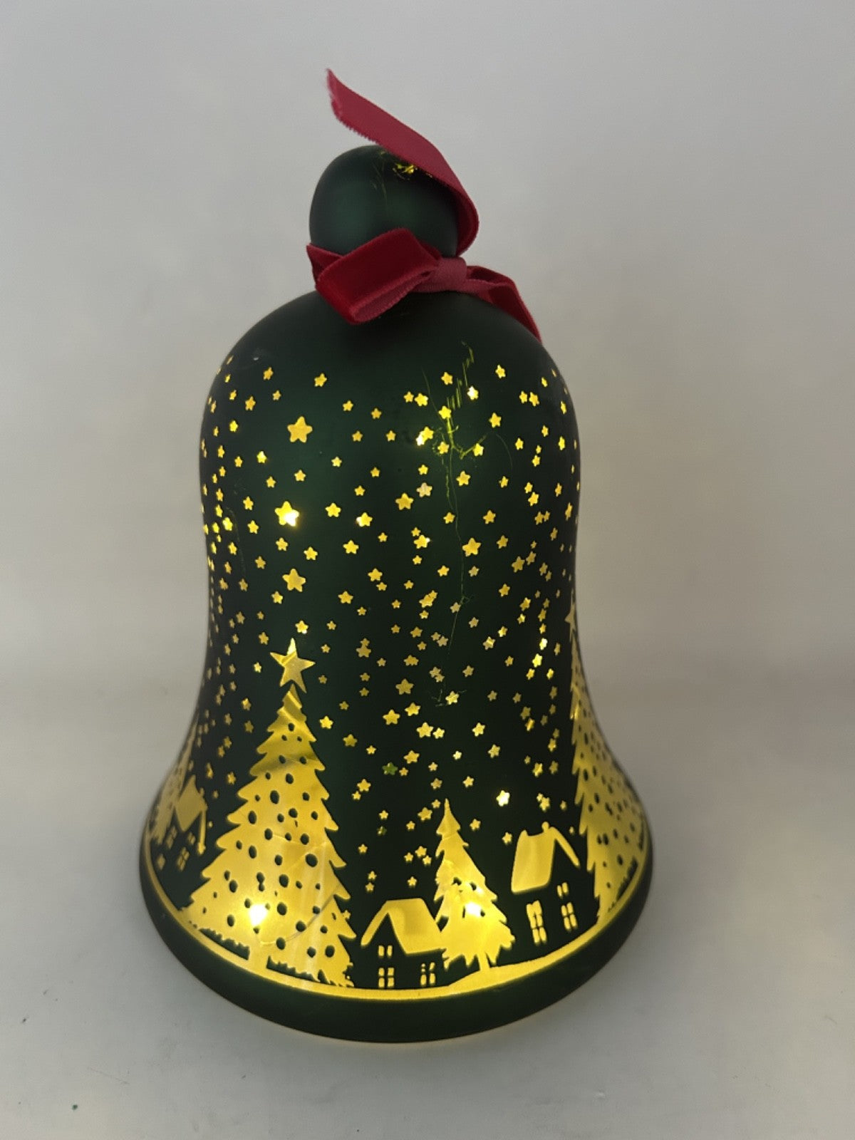 LED Light Up Christmas Winter Forest Stars & Village Emerald Green Glass Bell