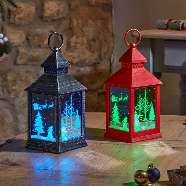 Winter Wonder Lantern Light Up Colour Changing Rustic Mirrored Red or Black