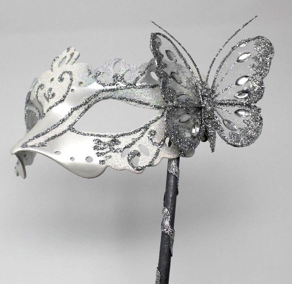 WHITE & SILVER VENETIAN MASQUERADE PARTY CARNIVAL BALL PROM MASK WITH BUTTERFLY