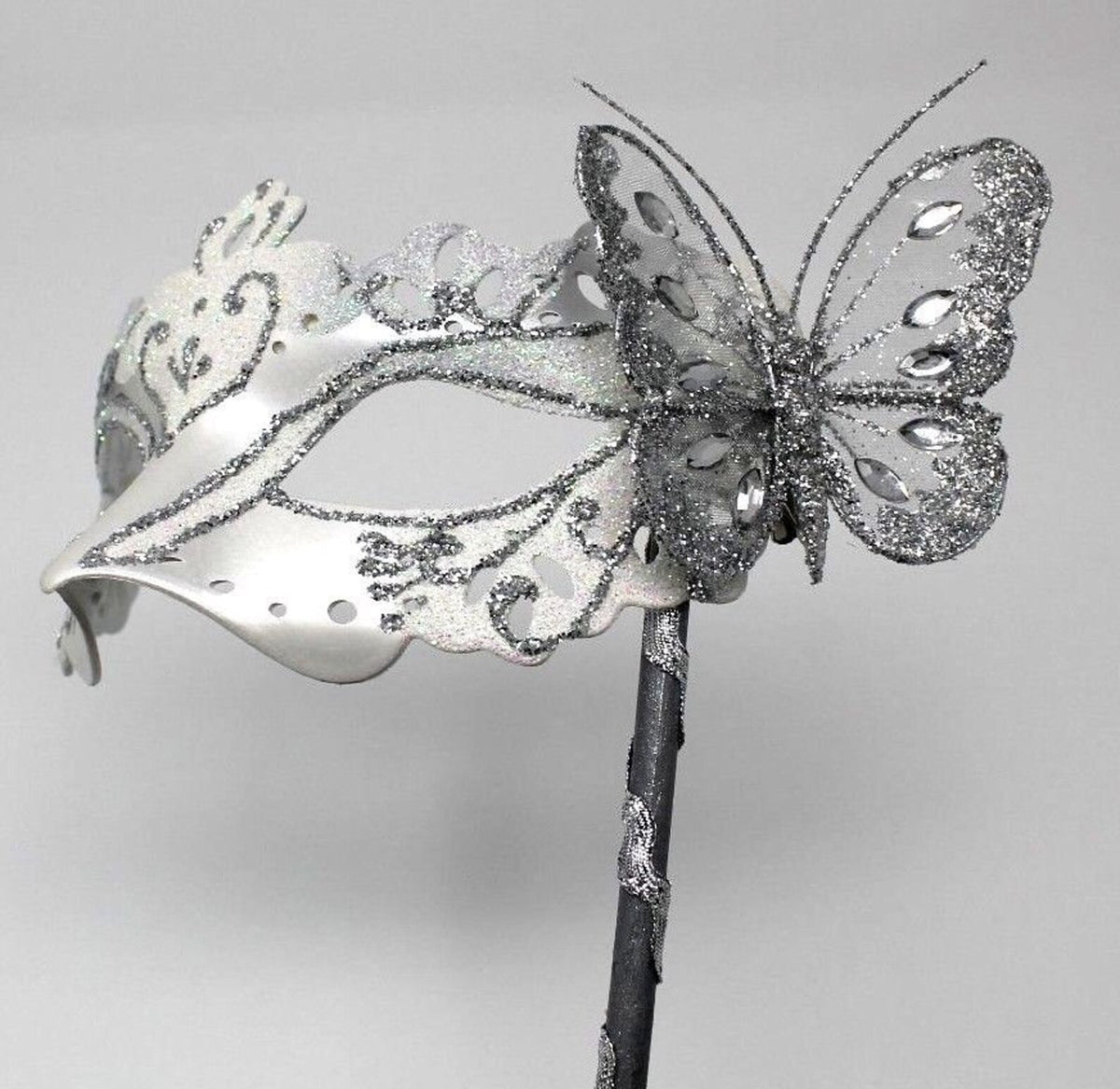 WHITE & SILVER VENETIAN MASQUERADE PARTY CARNIVAL BALL PROM MASK WITH BUTTERFLY