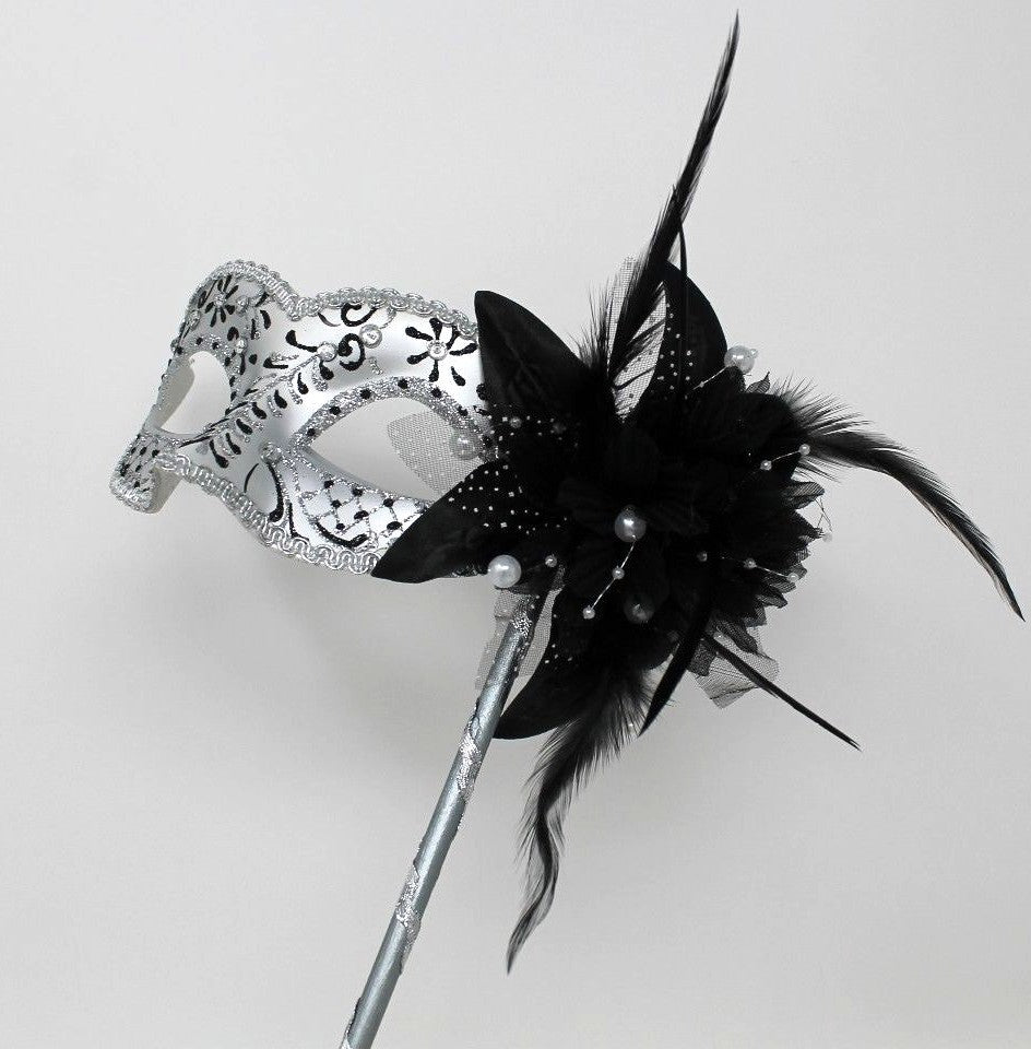 BLACK & SILVER JEWELS VENETIAN MASQUERADE PARTY PROM  MASK ON A HAND HELD STICK
