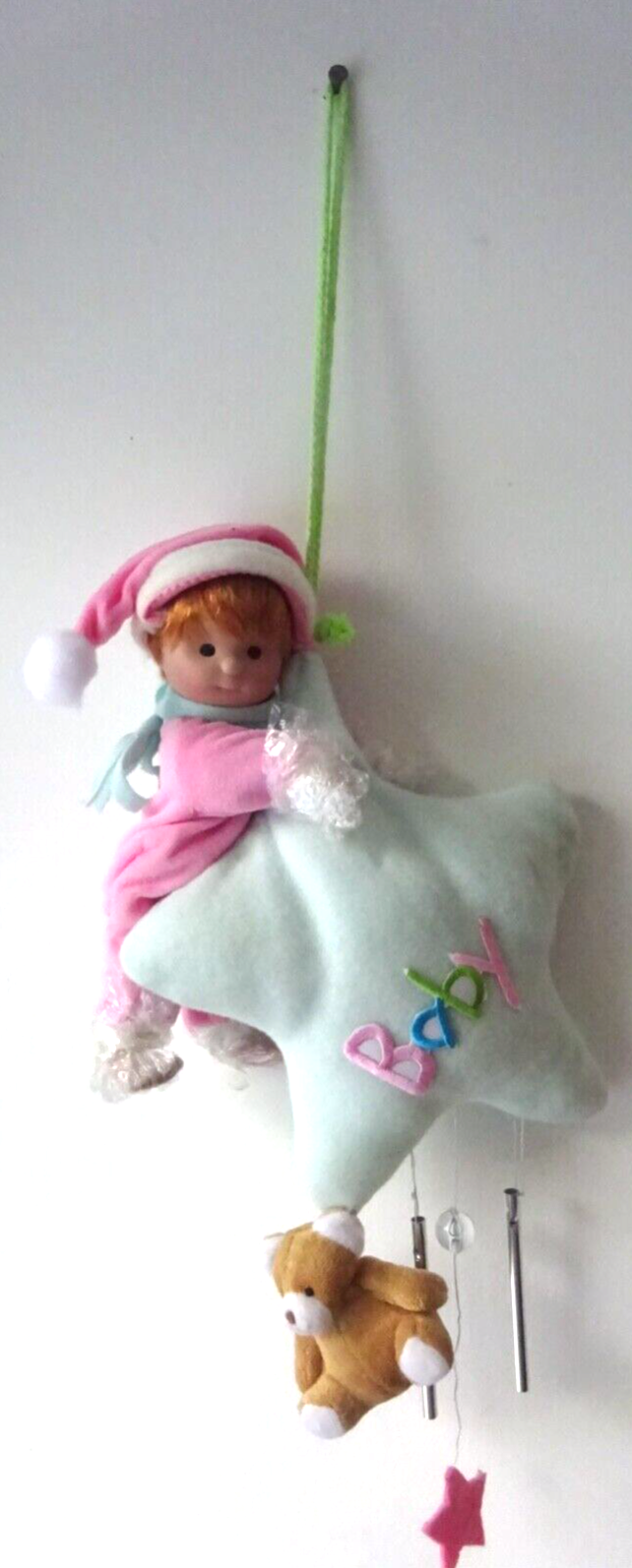 CHRISTENING NEW BORN GIFT BABY GIRL PORCELAIN DOLL HANGER STAR TEDDY & CHIMES