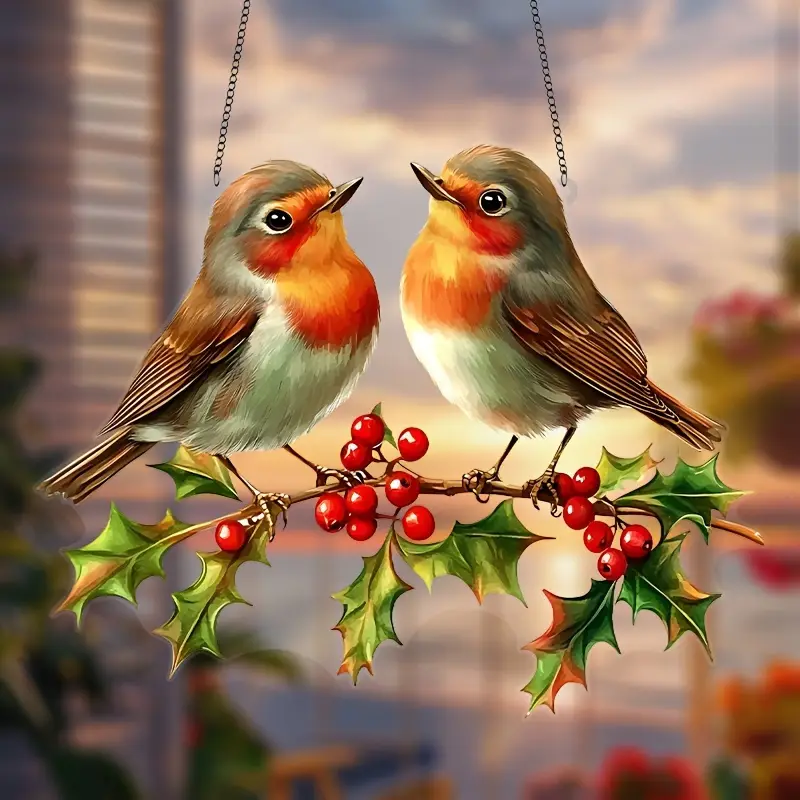Hanging Acrylic Garden Suncatcher Robins Holly with Berries 20cm Wide on Chain