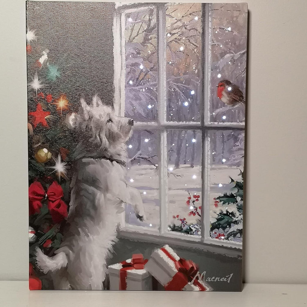 Fibre Optic Light up LED Canvas/Picture Curious Westie Watching a Robin 40x30cm