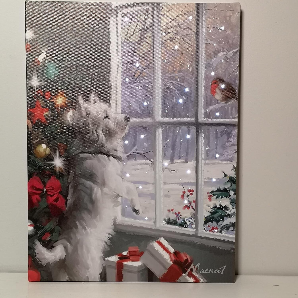 Fibre Optic Light up LED Canvas/Picture Curious Westie Watching a Robin 40x30cm
