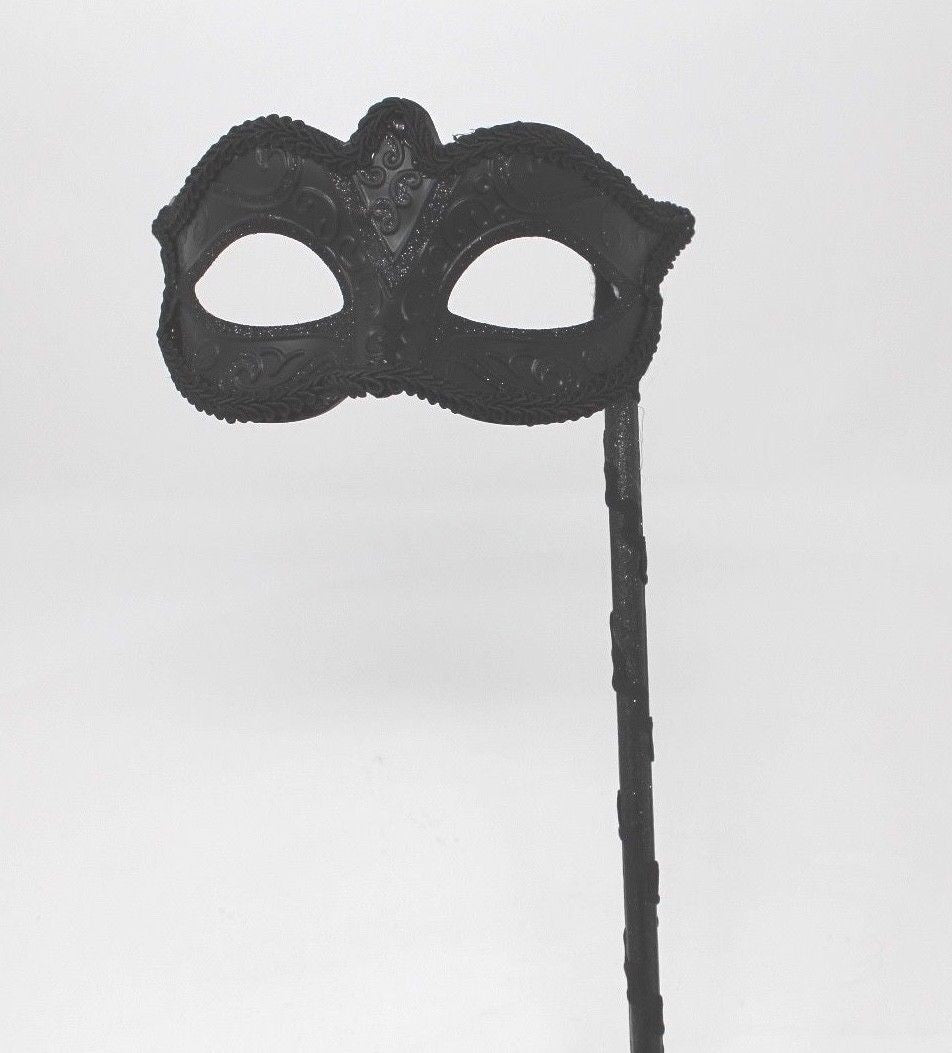 Midnight BLACK Venetian Masquerade Ball Carnival Face Mask on A HAND HELD STICK