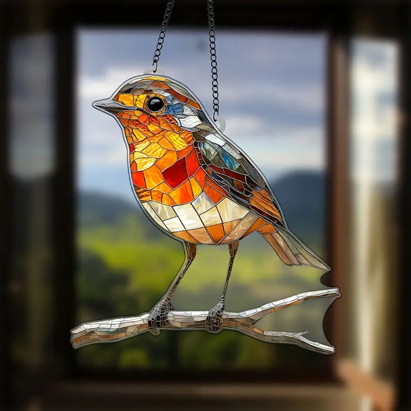 Acrylic Hanging Garden Suncatcher Robin on Branch 20cm Tall on a Metal Chain