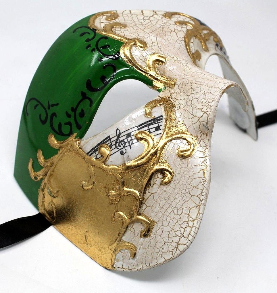 QUALITY GREEN & GOLD HALF FACE PHANTOM MUSICAL NOTES MASQUERADE MASK