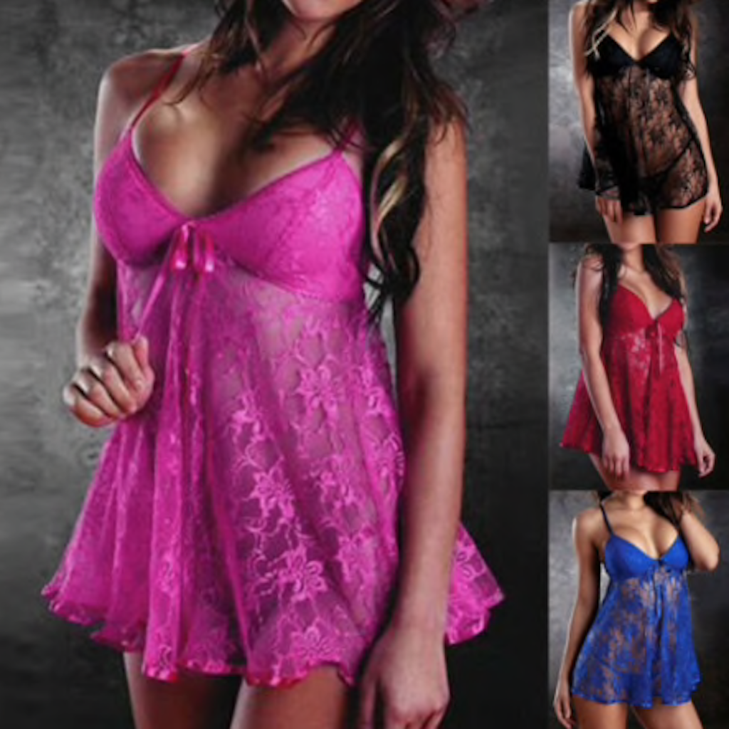 Ladies Lace Sexy Lingerie Babydoll Teddy Negligee Nightdress & Thong Padded Bra