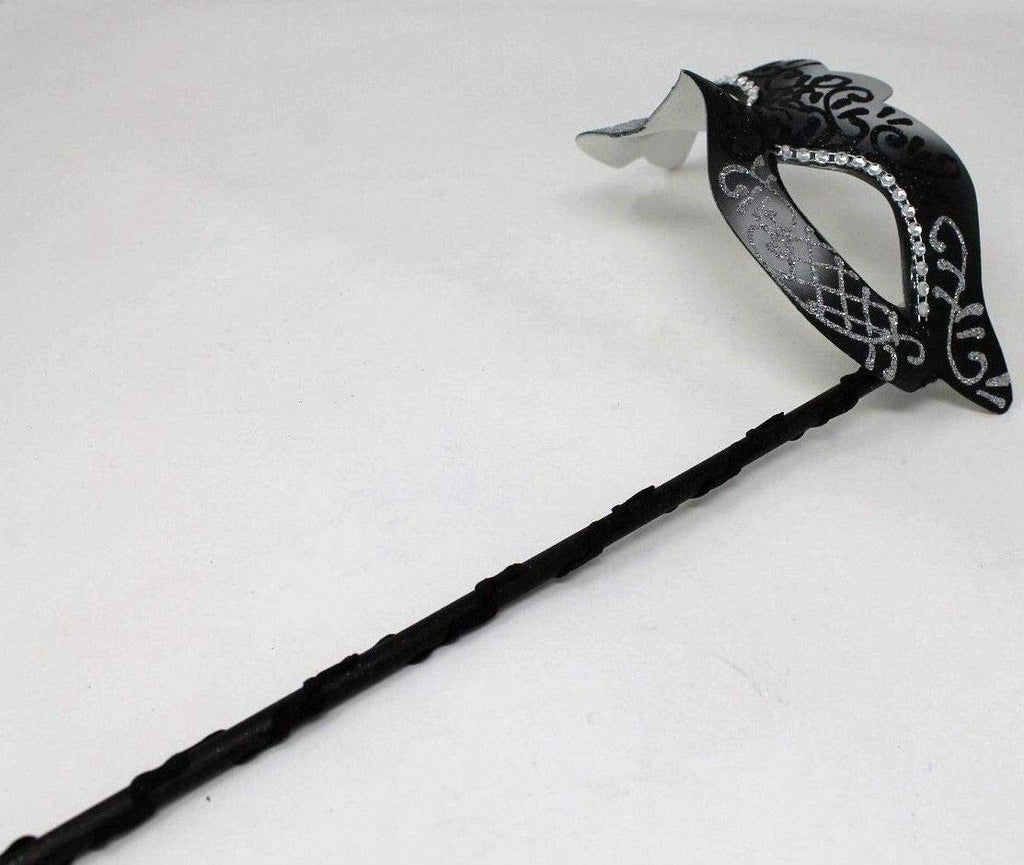 BLACK & SILVER VENETIAN MASQUERADE PARTY CARNIVAL BALL EYE MASK ON A STICK