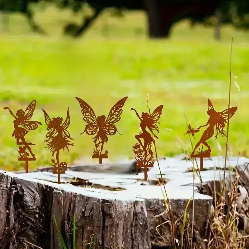 5 x Rust Effect Acrylic Fairies Silhouettes Each is 20cm Tall Garden Decoration