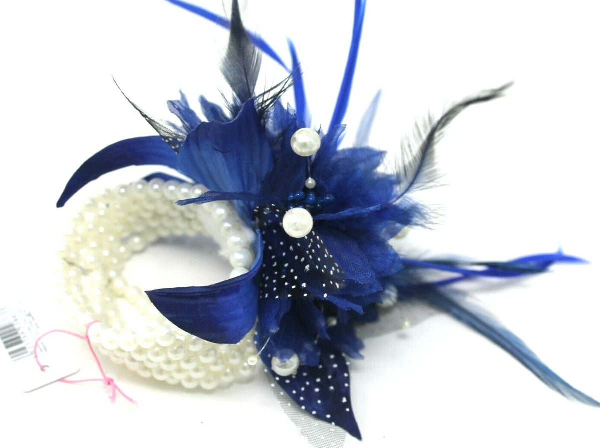Royal Blue Wrist Corsage Fascinator Fabric & Feather Pearlised Wrist Bracelet