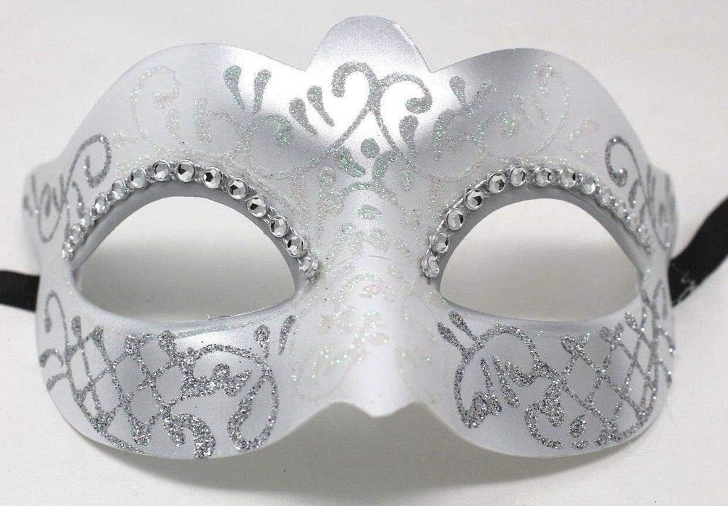LADIES WHITE & SILVER VENETIAN MASQUERADE PARTY WEDDING BALL EYE MASK DIAMONTES