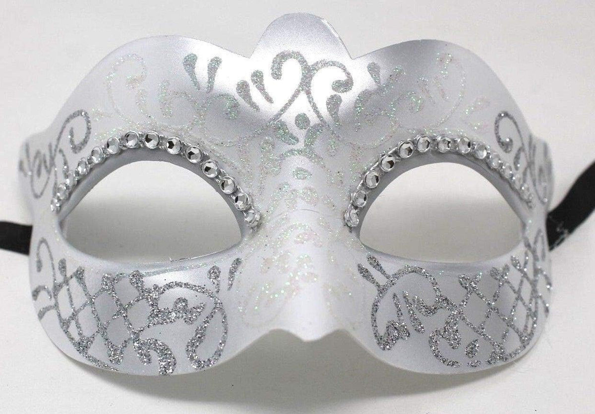 LADIES WHITE & SILVER VENETIAN MASQUERADE PARTY WEDDING BALL EYE MASK DIAMONTES