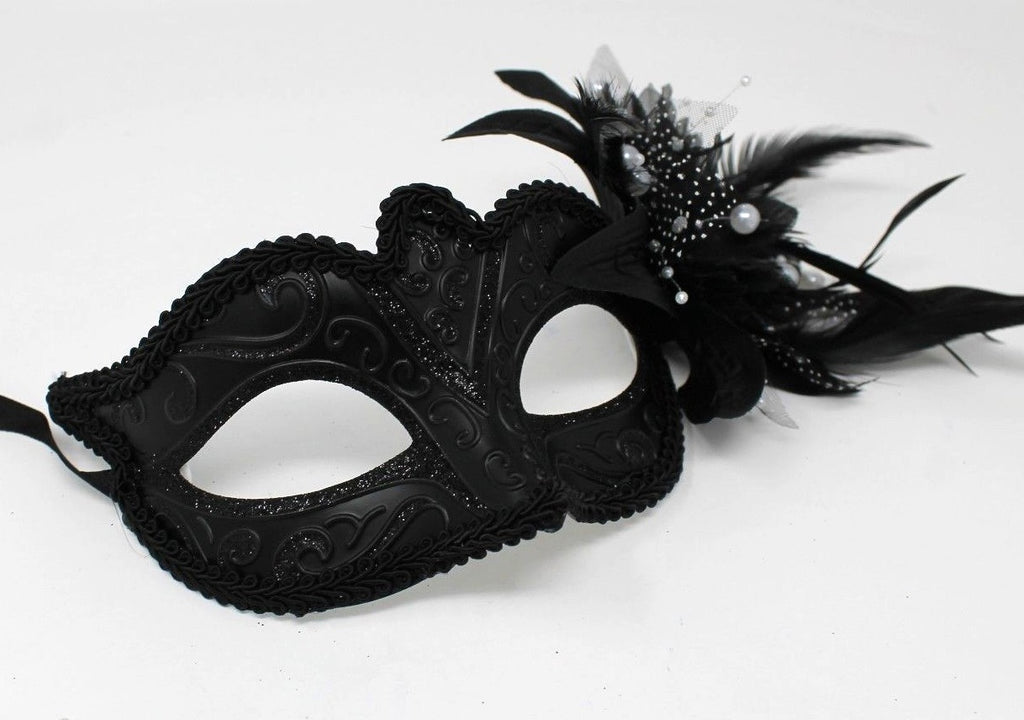 MIDNIGHT BLACK MASK WITH FLOWER/PEARLS VENETIAN MASQUERADE PARTY BALL PROM EYE