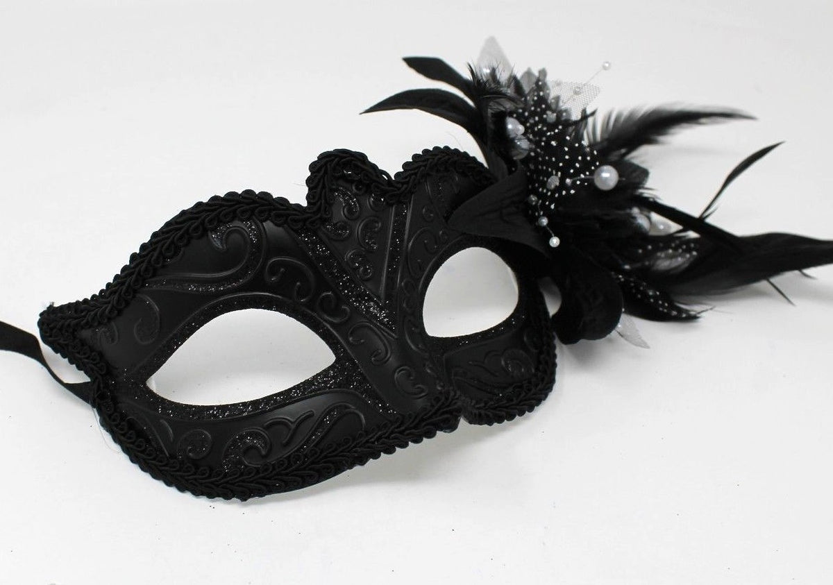 MIDNIGHT BLACK MASK WITH FLOWER/PEARLS VENETIAN MASQUERADE PARTY BALL PROM EYE