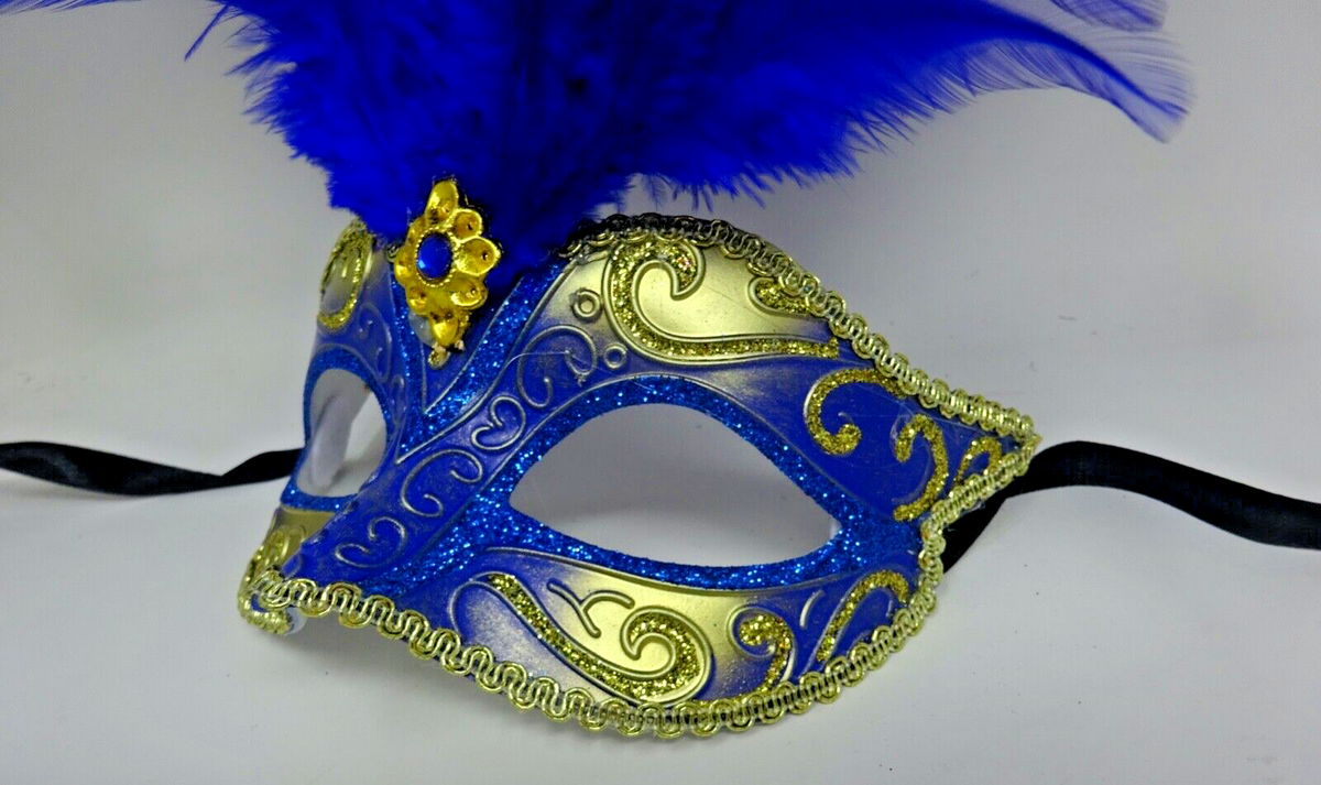 FEATHER MASK BLUE & GOLD VENETIAN MASQUERADE BALL CARNIVAL PARTY EYE  FACE MASK