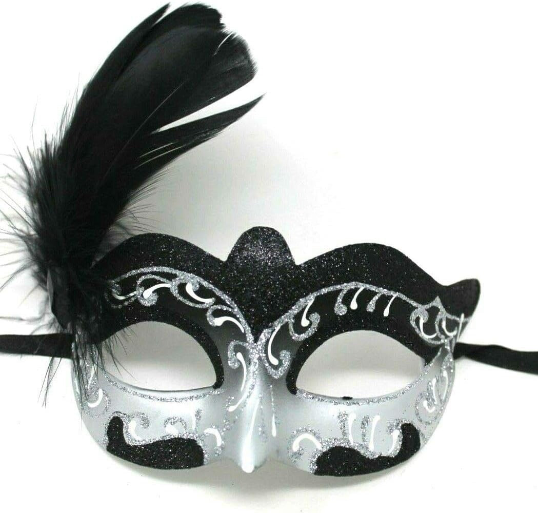 SPARKLING SILVER & BLACK VENETIAN CARNIVAL MASQUERADE PARTY BALL FEATHER MASK