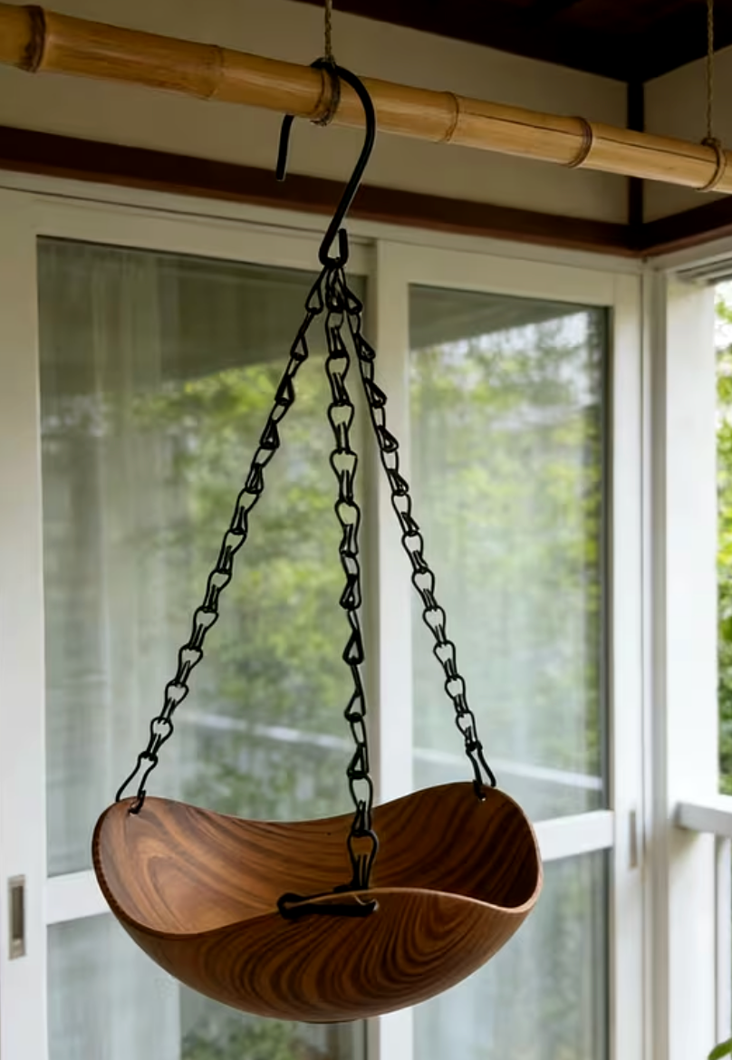 Dark Wood Grain Bird Bath Garden Ornament 35cm Hanging Depth & Cleaning Brush