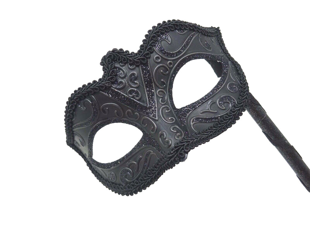 Venetian Midnight Black Sparkling Masquerade Party Ball Mask Hand Held on STICK