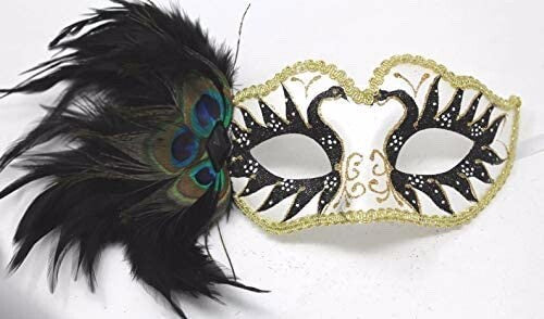 BLACK IVORY & GOLD MASK WITH PEACOCK FEATHERS VENETIAN CARNIVAL MASQUERADE PARTY