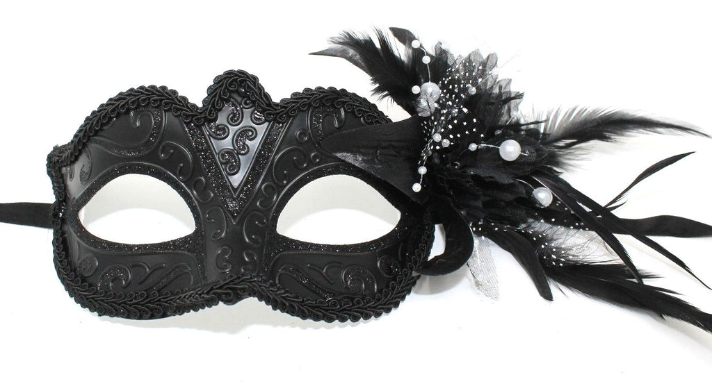 MIDNIGHT BLACK MASK WITH FLOWER/PEARLS VENETIAN MASQUERADE PARTY BALL PROM EYE