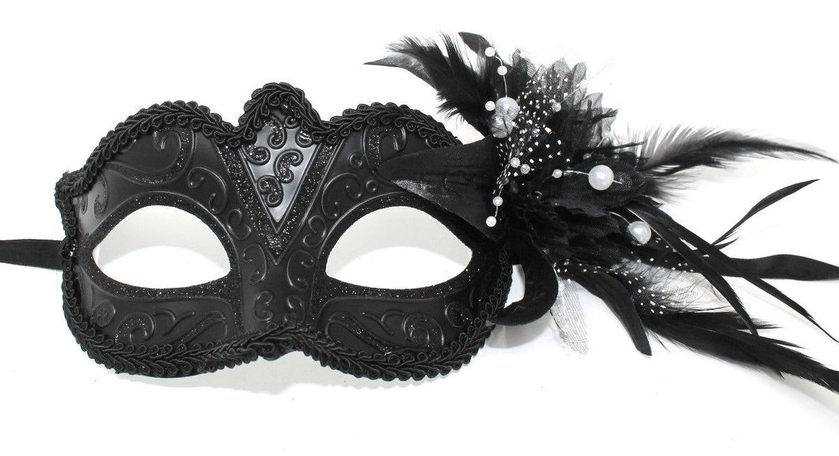 MIDNIGHT BLACK MASK WITH FLOWER/PEARLS VENETIAN MASQUERADE PARTY BALL PROM EYE