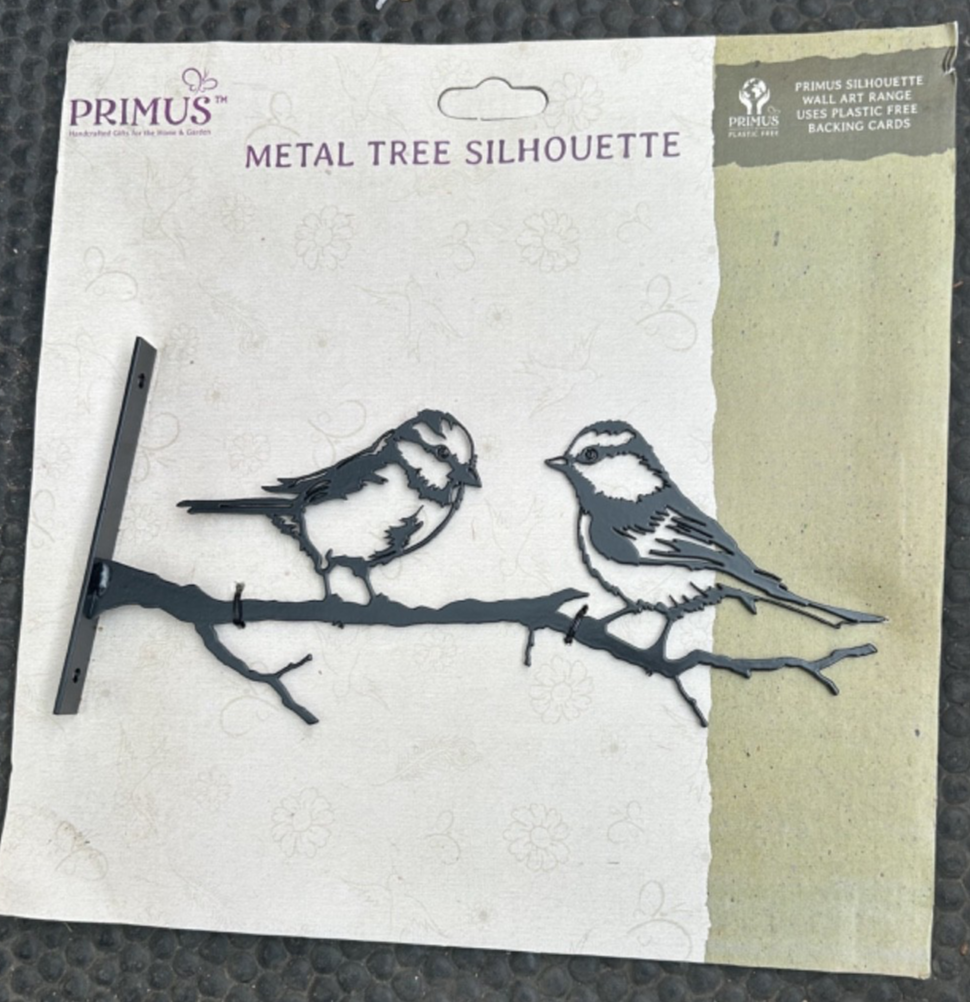 Black Metal Birds on a Branch Tree Silhouette 26cm Long Garden Ornament