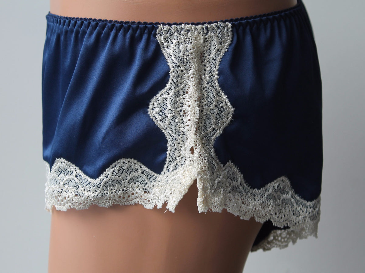 Ladies Sexy Blue Satin Cream Lace French Cami Knickers Tap Pants Panties 8 - 12
