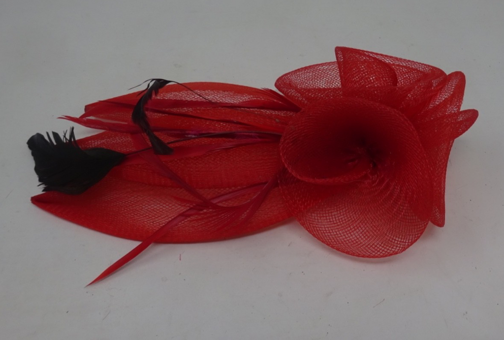 Red Fascinator Stiffened Net 3 Floral Rosettes & Petals Fine Feathers Clear Comb