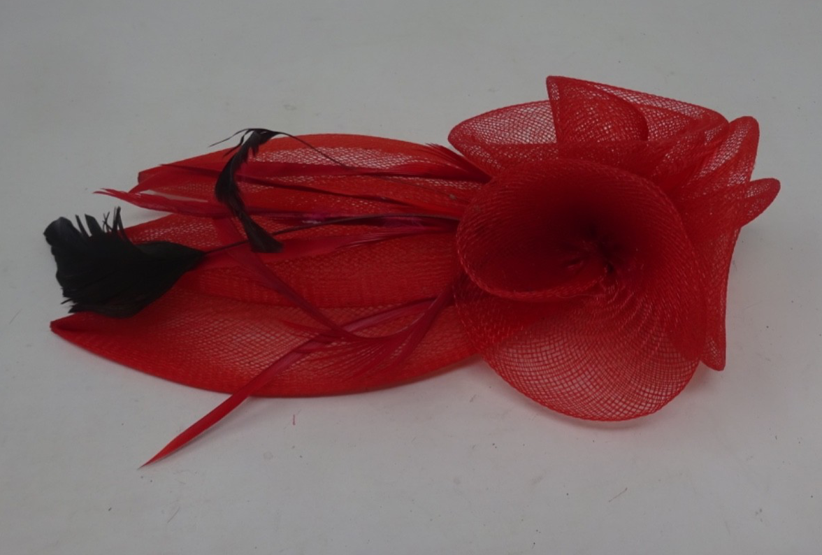 Red Fascinator Stiffened Net 3 Floral Rosettes & Petals Fine Feathers Clear Comb