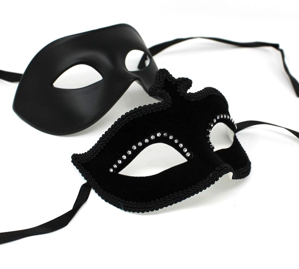 HIS N HERS PAIR COUPLES BLACK JEWELLED VENETIAN MASQUERADE PARTY EYE MASKS