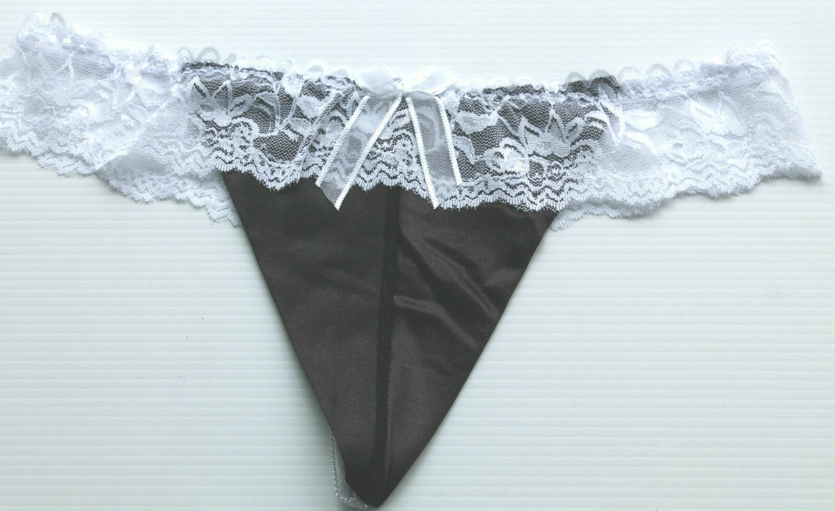 White Lace & Black Satin Soft Beautiful Sexy Ladies Panties Thong One Size 8-12