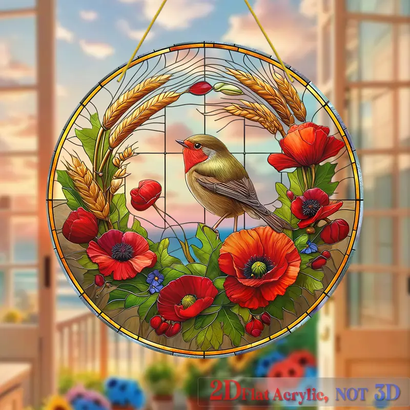 Acrylic Hanging Garden Suncatcher Robin & Flowers 20cm Diameter on Yellow Cord