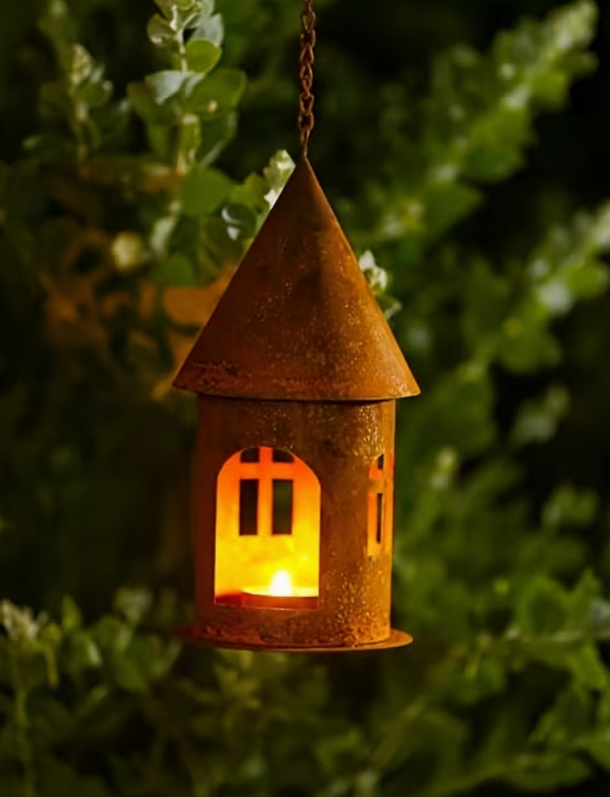 Hanging Metal Rusty Candle Tea Light Holder Garden Ornament 14cm Deep exc Chain