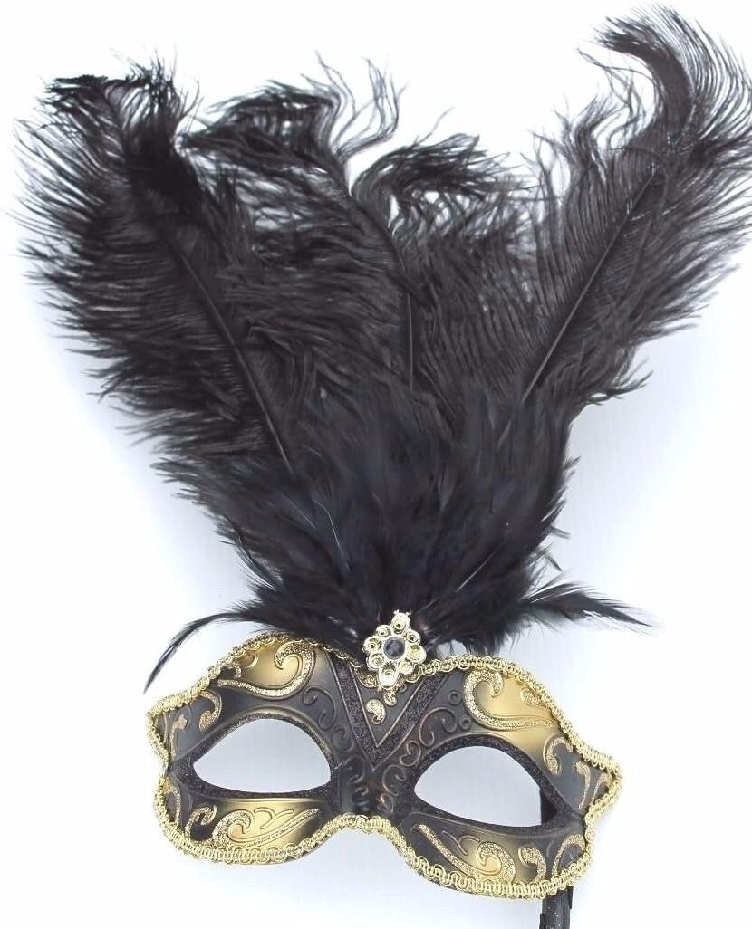 Black & Gold Feather Venetian Masquerade Carnival Party Ball Eye Mask On Stick