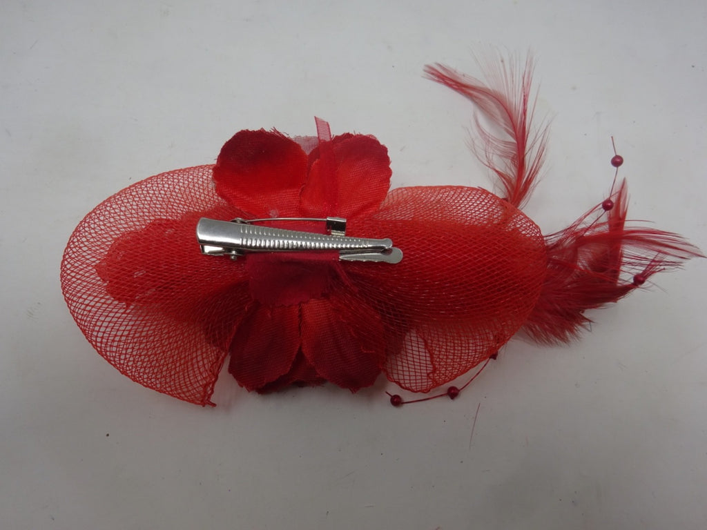 Red Corsage Brooch Fascinator Stiffened Net Fabric Petals Beads Slim Feathers