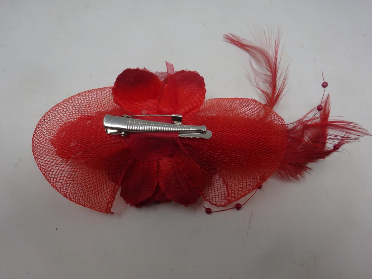 Red Corsage Brooch Fascinator Stiffened Net Fabric Petals Beads Slim Feathers
