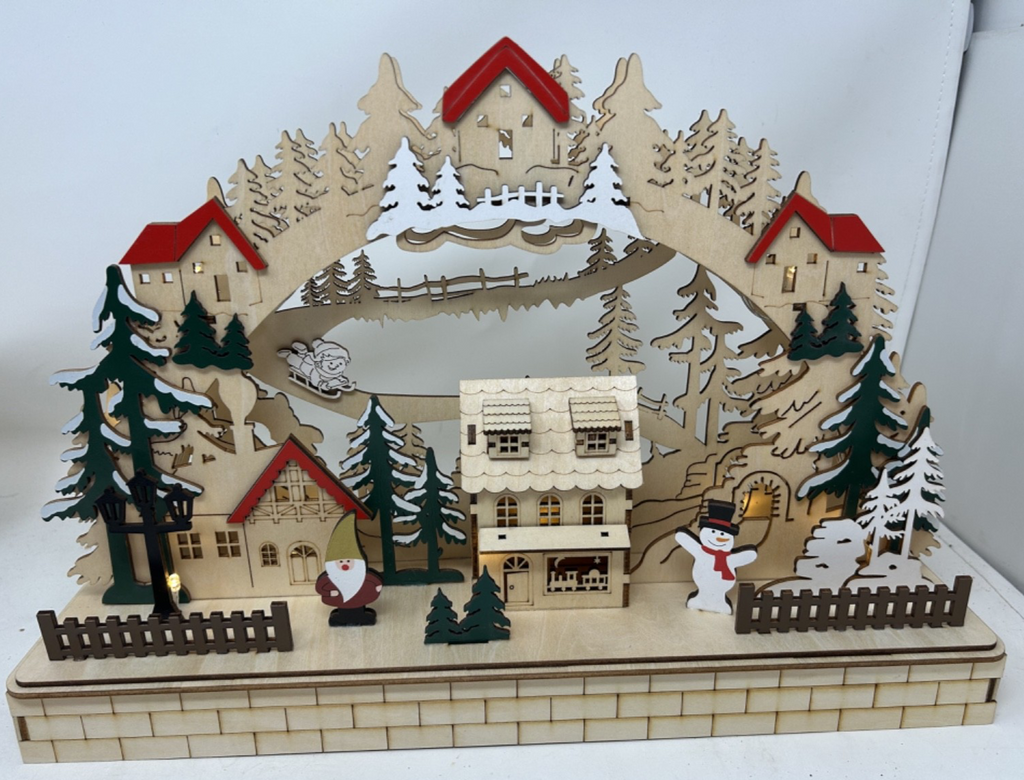 Wooden Alpine Christmas Village  LED Light Up Decoration 41cm Cut-out Design