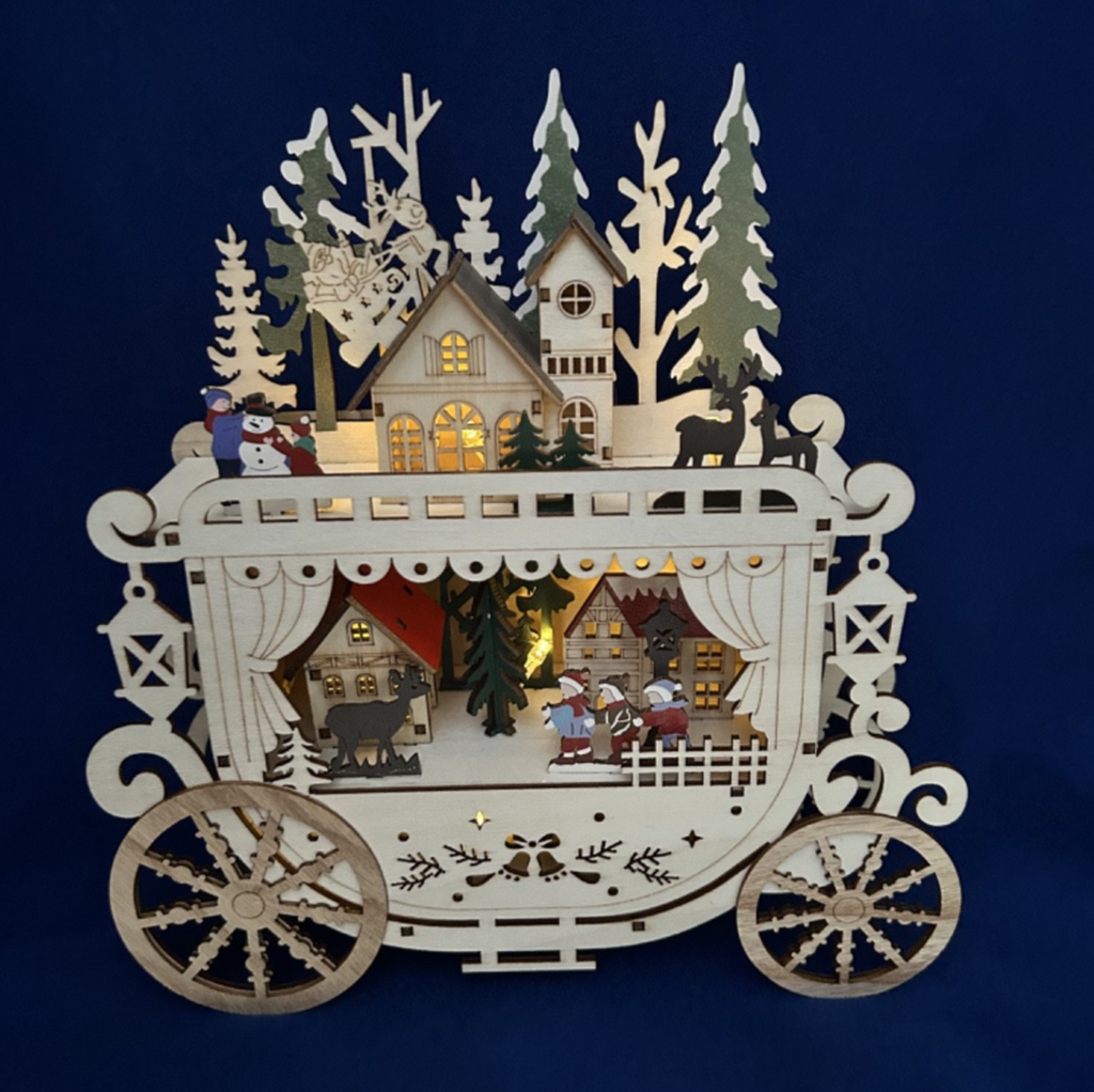 Large Wooden Christmas LED Light Up Carriage with Village Decoration 25cm Tall