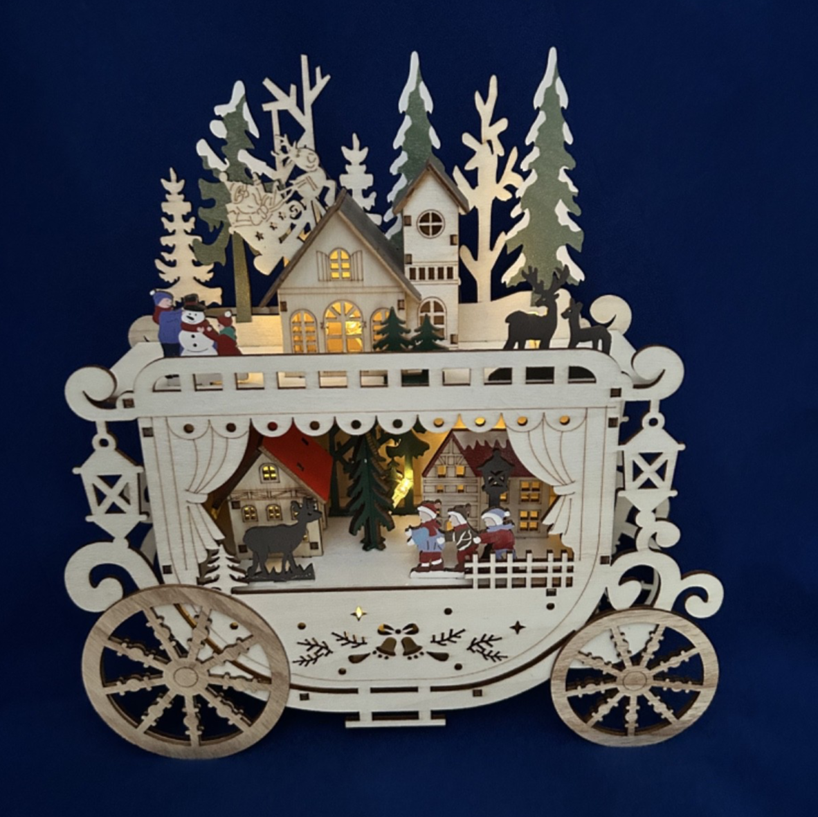 Large Wooden Christmas LED Light Up Carriage with Village Decoration 25cm Tall