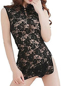 Ladies Black Lace See-Through Kimono Babydoll Negligee Nightdress & Thong 8-10