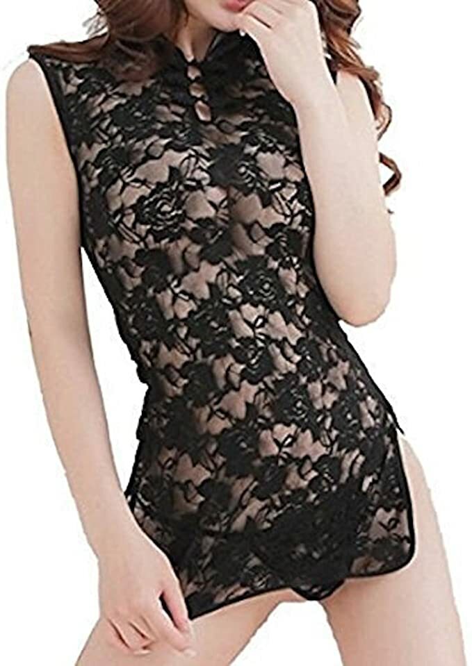 Ladies Black Lace See-Through Kimono Babydoll Negligee Nightdress & Thong 8-10