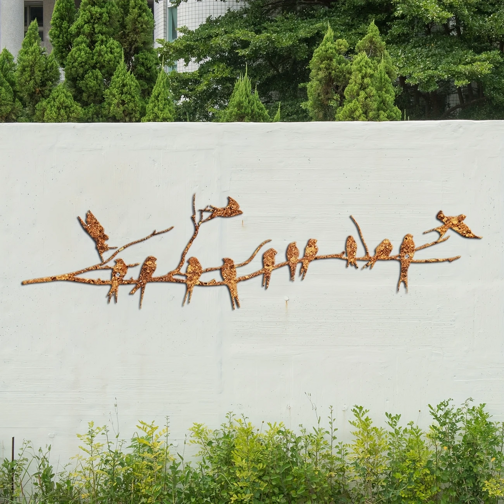 Rusty Metal Birds on a Branch Tree Silhouette 50cm x 13cm Garden Wall Art
