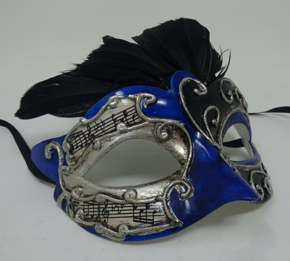 BLACK SILVER & BLUE MUSICAL NOTES VENETIAN MASQUERADE CARNIVAL BALL FEATHER MASK
